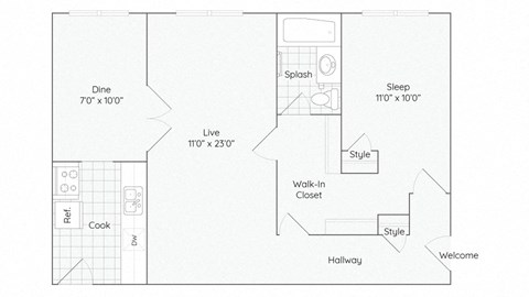 Floor plan for 1 bed, 1 bath, 703 sqft