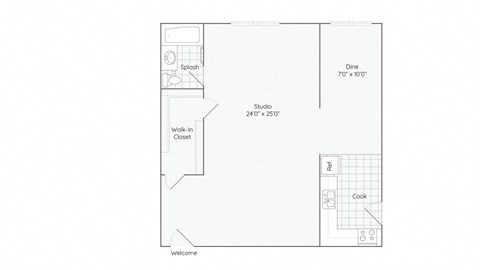 Floor plan for studio, 1 bath, 635 sqft