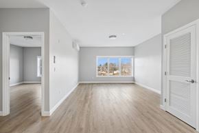 Stratford apartment for rent - A room with wooden floors and a large window with a view of trees outside.