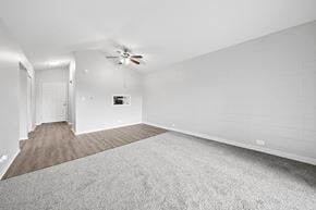 North Aurora apartment for rent - A spacious room with a carpeted floor and a ceiling fan.