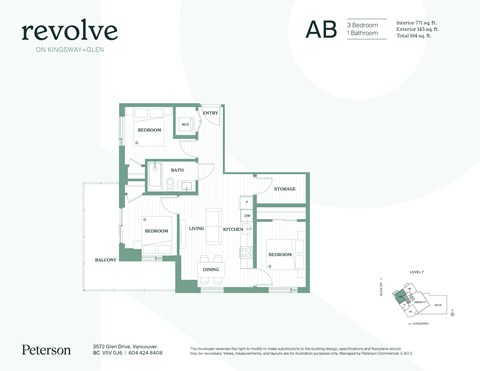 Floor plan for 3 beds, 1 bath, 650 sqft