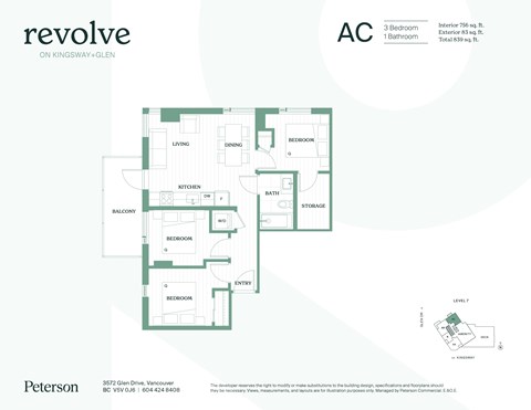 Floor plan for 3 beds, 1 bath, 839 sqft