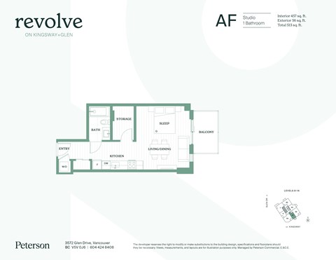 Floor plan for studio, 1 bath, 513 sqft
