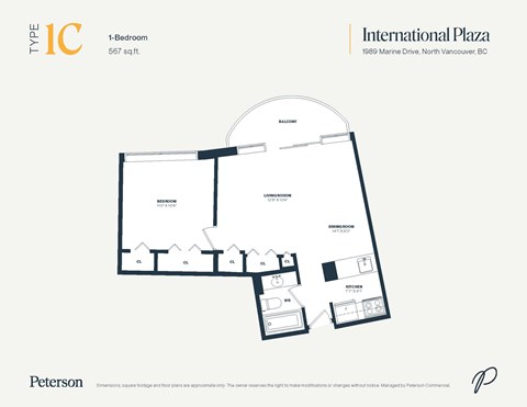 Floor plan for 1 bed, 1 bath, 530 sqft