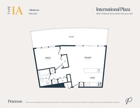 Floor plan for 1 bed, 1 bath, 620 sqft