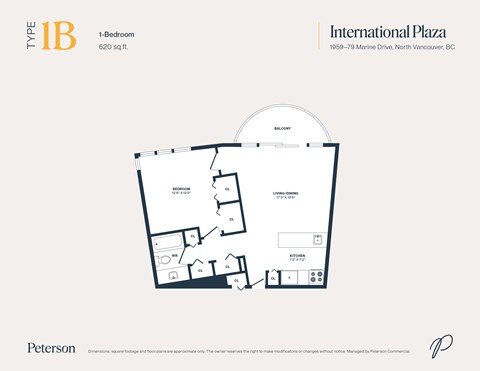 Floor plan for 1 bed, 1 bath, 620 sqft
