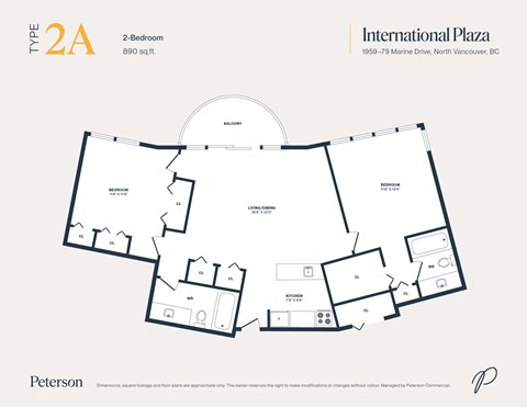Floor plan for 2 beds, 2 baths, 890 sqft