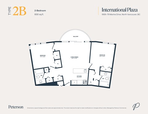 Floor plan for 2 beds, 2 baths, 860 sqft
