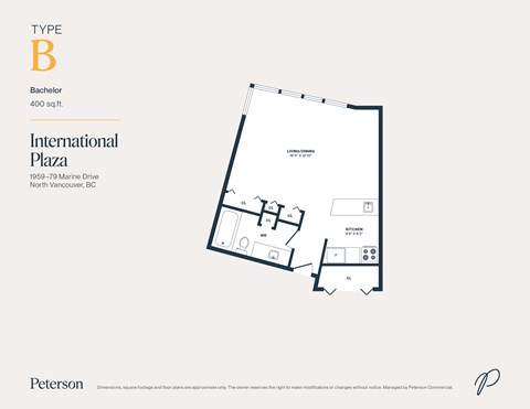 Floor plan for studio, 1 bath, 400 sqft