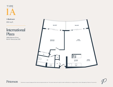 Floor plan for 1 bed, 1 bath, 650 sqft