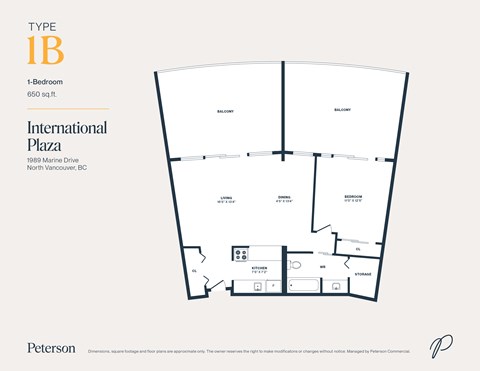 Floor plan for 1 bed, 1 bath, 650 sqft