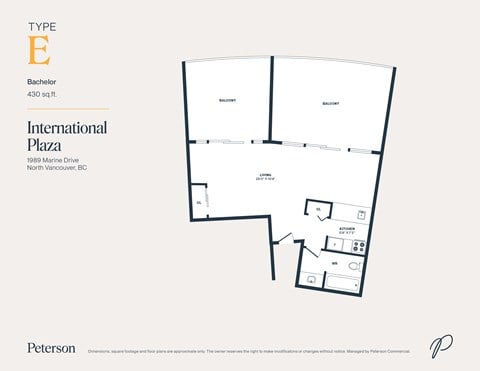 Floor plan for studio, 1 bath, 430 sqft