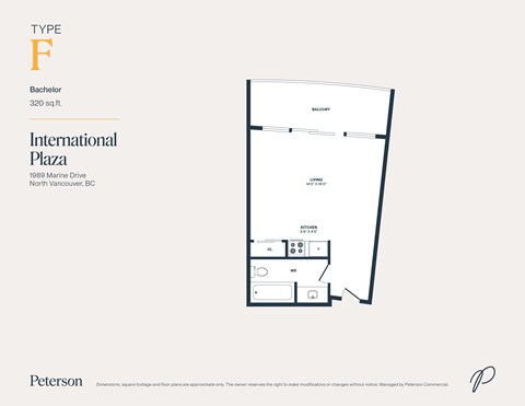 Floor plan for studio, 1 bath, 320 sqft