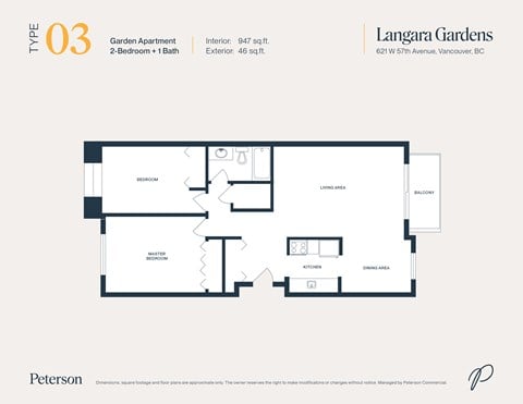 Floor plan for 2 beds, 1 bath, 947 sqft