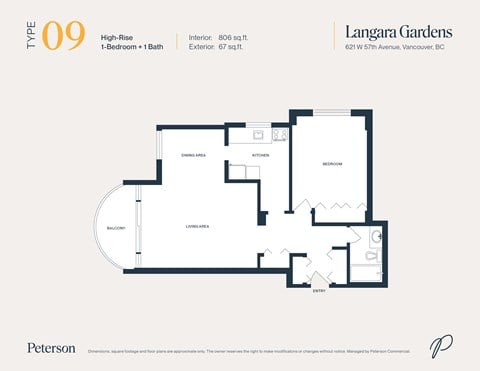 Floor plan for 1 bed, 1 bath, 806 sqft