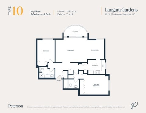 Floor plan for 2 beds, 2 baths, 1073 sqft