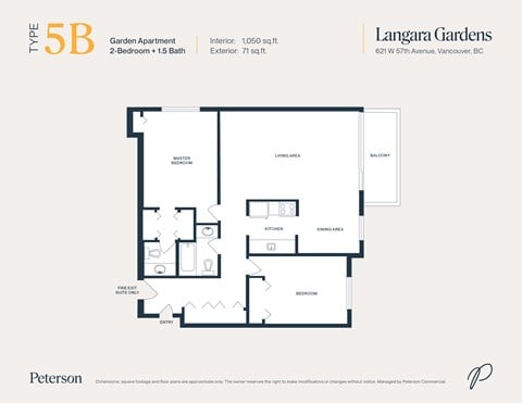 Floor plan for 2 beds, 1.5 baths, 1050 sqft