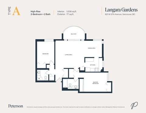 Floor plan for 2 beds, 2 baths, 1036 sqft