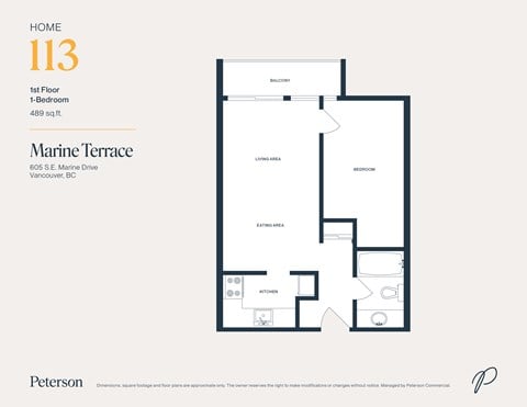 Floor plan for 1 bed, 1 bath, 487 sqft