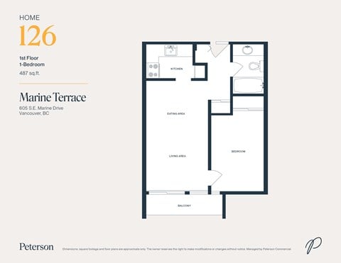 Floor plan for 1 bed, 1 bath, 487 sqft