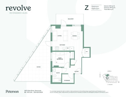 Floor plan for 1 bed, 1 bath, 877 sqft