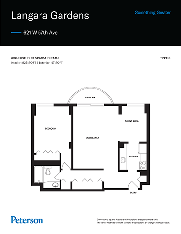 Floor plan for 1 bed, 1 bath, 825 sqft