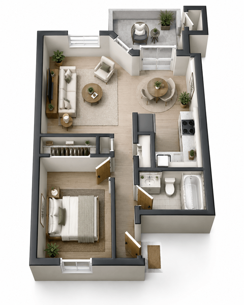 Floor plan for 1 bed, 1 bath, 650 sqft
