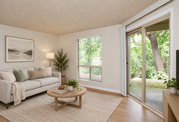 Puyallup apartment for rent - A living room with a couch, a coffee table, and a painting on the wall.