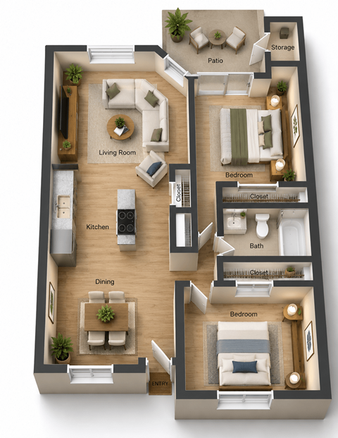Floor plan for 2 beds, 1 bath, 900 sqft