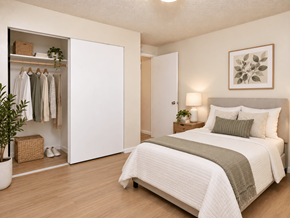 Puyallup apartment for rent - A bedroom with a large bed and a closet with clothes hanging.