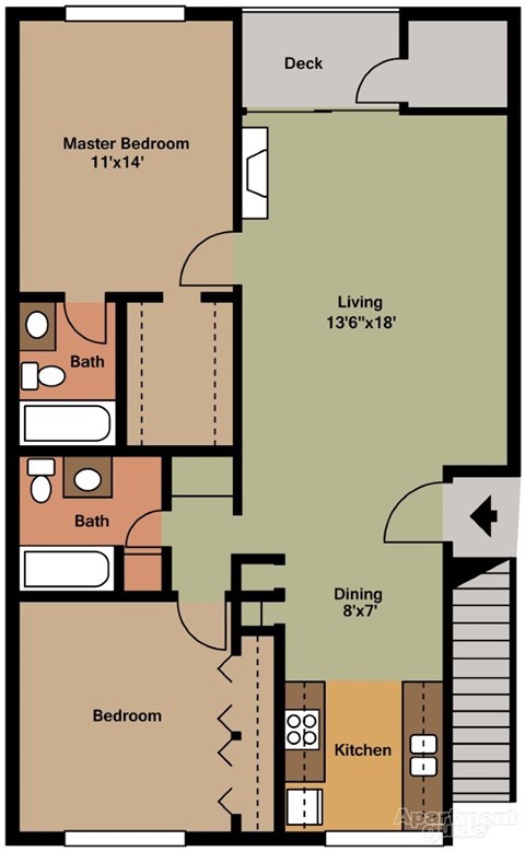 Floor plan for 2 beds, 2 baths, 1079 sqft