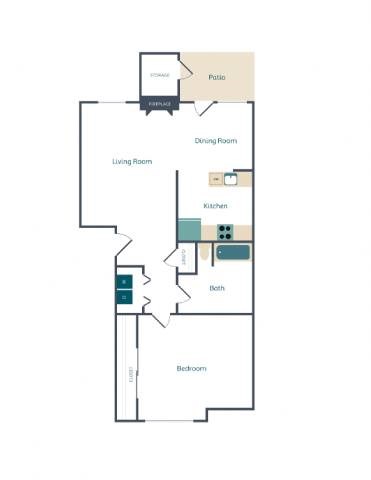 Floor plan for 1 bed, 1 bath, 700 sqft