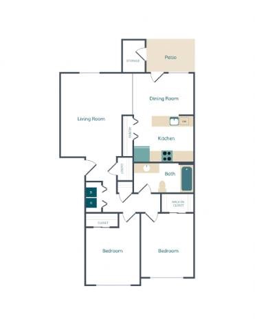 Floor plan for 2 beds, 1 bath, 890 sqft