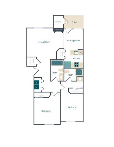 Floor plan for 2 beds, 2 baths, 980 sqft