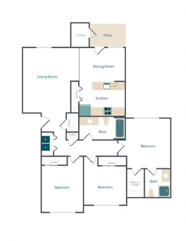 Floor plan for 3 beds, 2 baths, 1120 sqft