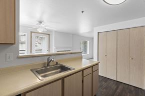Puyallup apartment for rent - A kitchen with a sink and a fan.