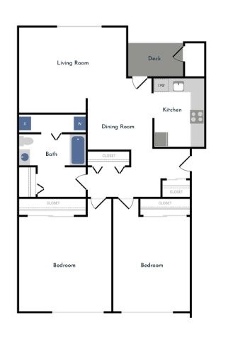 Floor plan for 2 beds, 1 bath, 875 sqft