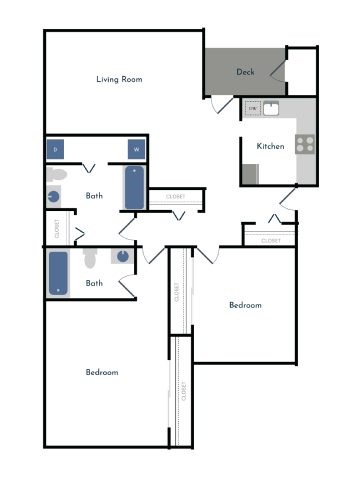 Floor plan for 2 beds, 2 baths, 1000 sqft