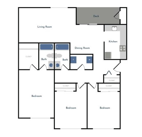 Floor plan for 3 beds, 2 baths, 1150 sqft