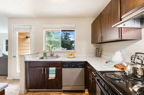 Federal Way apartment for rent - A kitchen with a black stove top oven and a white sink.