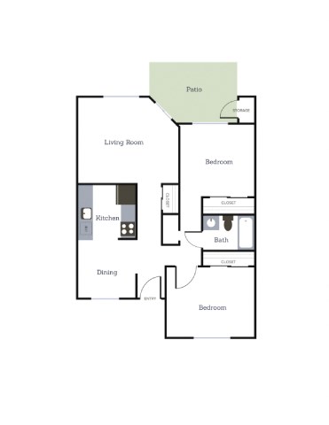 Floor plan for 2 beds, 1 bath, 900 sqft