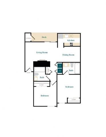 Floor plan for 2 beds, 2 baths, 960 sqft