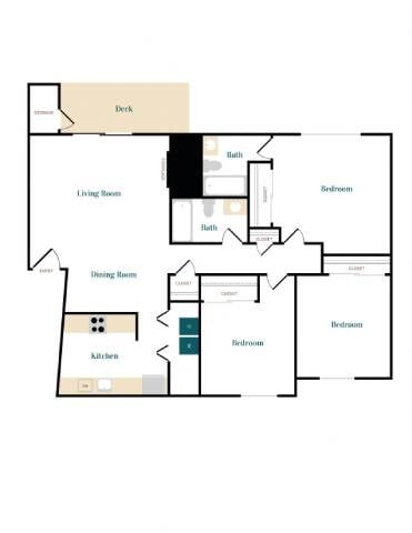 Floor plan for 3 beds, 2 baths, 1100 sqft