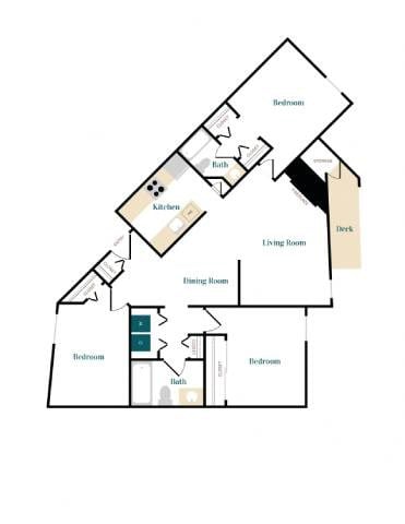 Floor plan for 3 beds, 2 baths, 1235 sqft