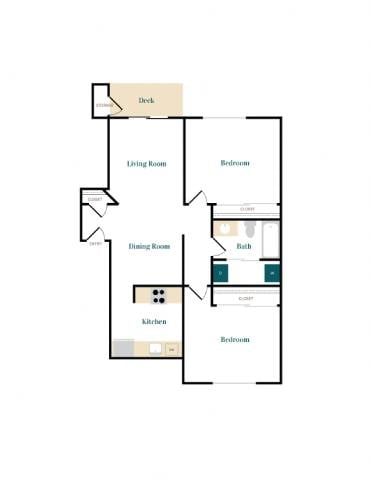 Floor plan for 2 beds, 1 bath, 860 sqft