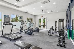 San Antonio apartment for rent - A well-equipped gym with treadmills, weights, and exercise balls.