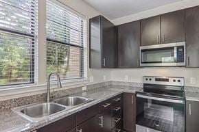 Greenville apartment for rent - A kitchen with a stainless steel oven and microwave.