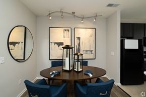 Greenville apartment for rent - A dining room with a round table and blue chairs.