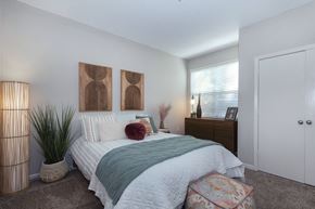 Raleigh apartment for rent - a bedroom with a bed and a dresser in front of a window