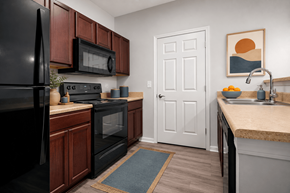 Converse apartment for rent - A kitchen with a black refrigerator, wooden cabinets, and a white door.